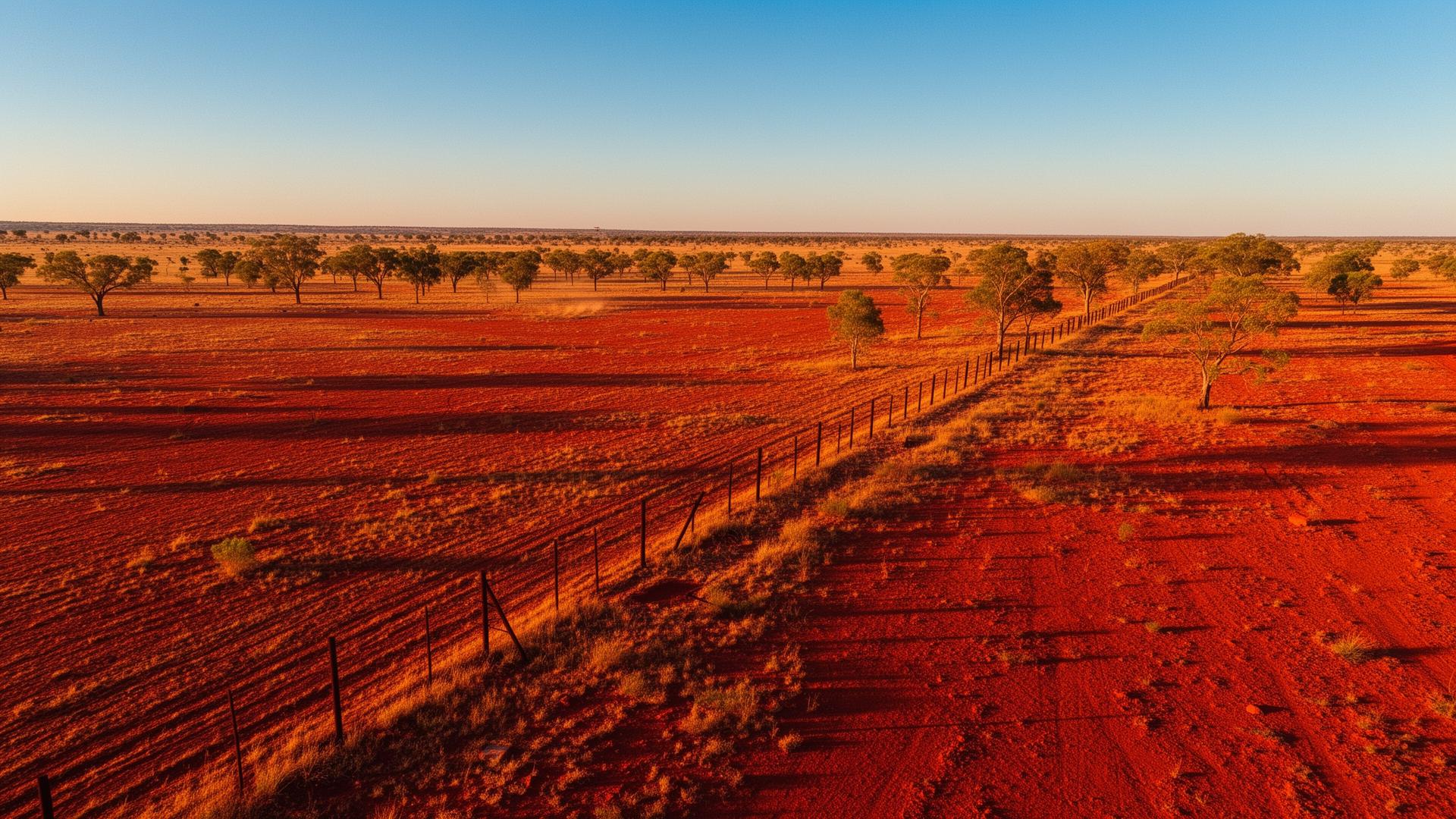 Aerial view of red dirt outback paddock with long fence line