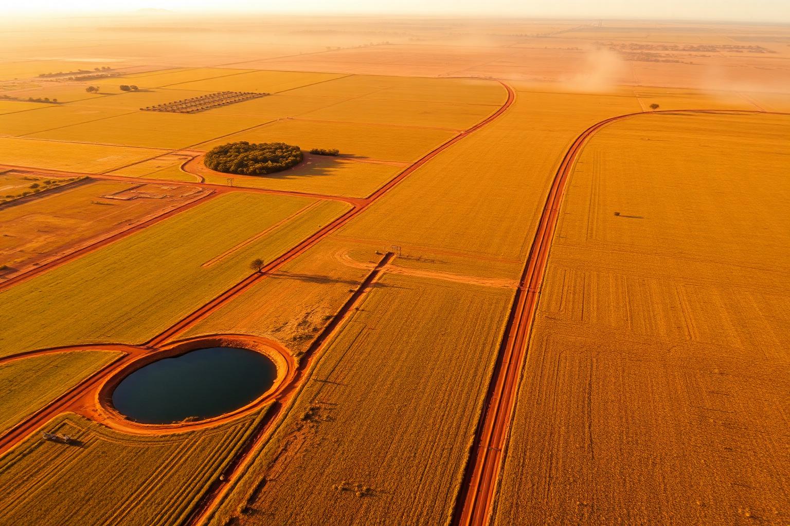 Aerial view of Central West Queensland rural property with red dirt tracks